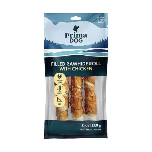 PrimaDog Filled Rawhide Roll with Chicken Bones koertele 3 tk, 189 g