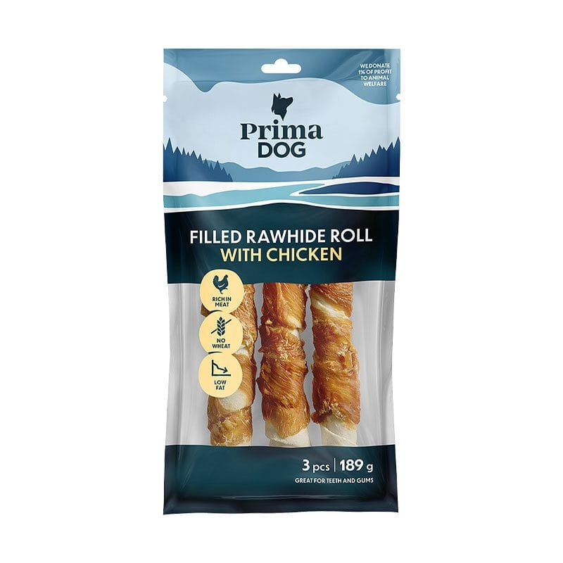 PrimaDog pildīts jēlādas rullītis ar vistas kauliem suņiem 3 gab., 189 g