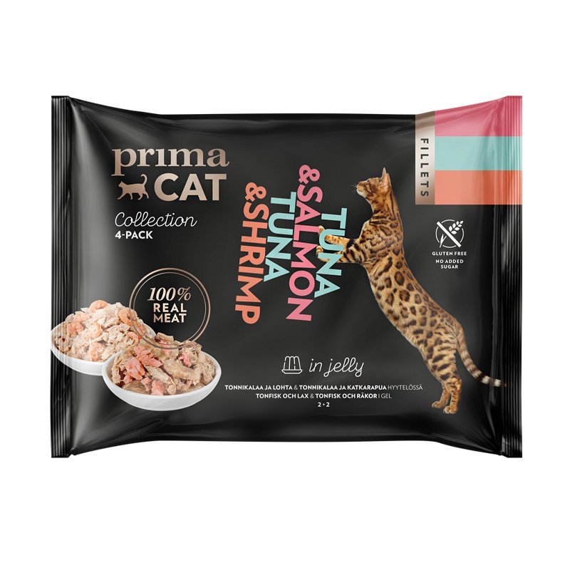 PrimaCat Multipack Tuna & Salmon ir Tuna & Shrimp konservų rinkinys katėms drebučiuose - Dubenėliai