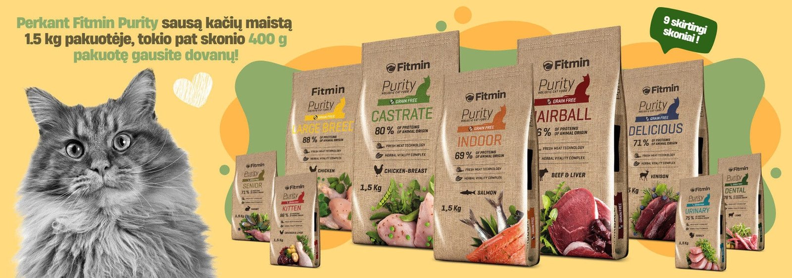 Desktop banner Spalis: Fitmin Purity Cat perkant 1.5kg gauni dovanų 400g