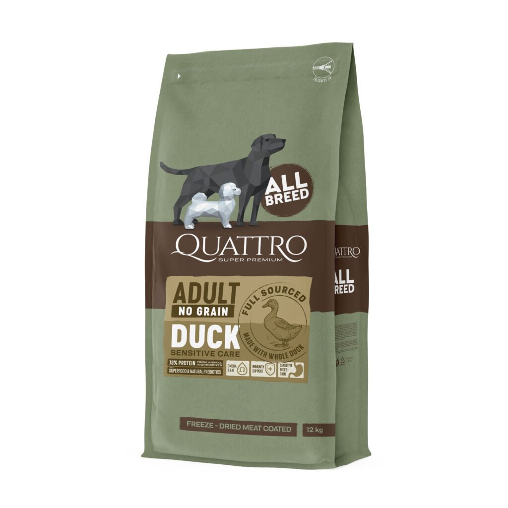 Quattro Adult All Breed Duck begrūdis sausas maistas šunims