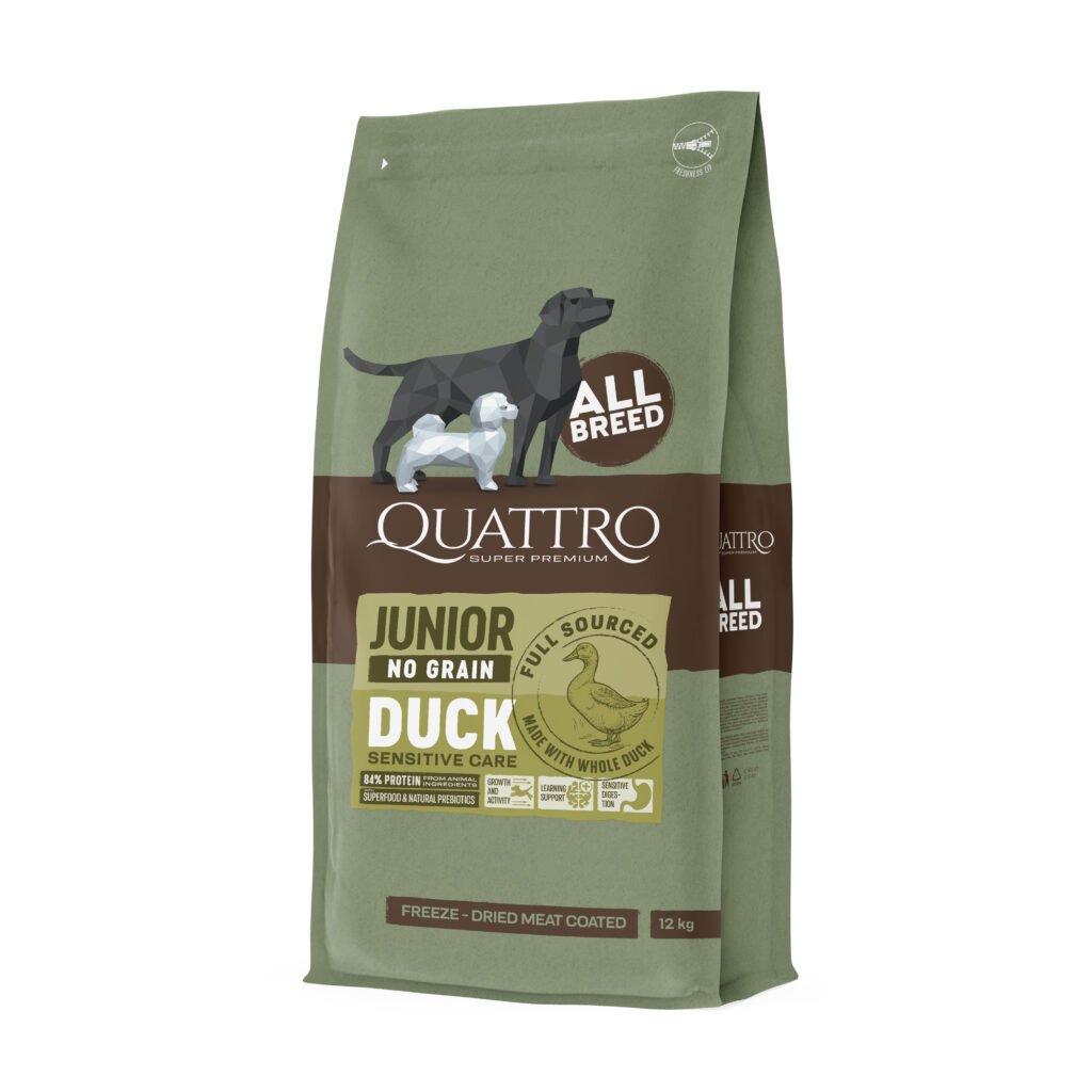 Quattro Junior All Breed Duck begrūdis sausas maistas šunims