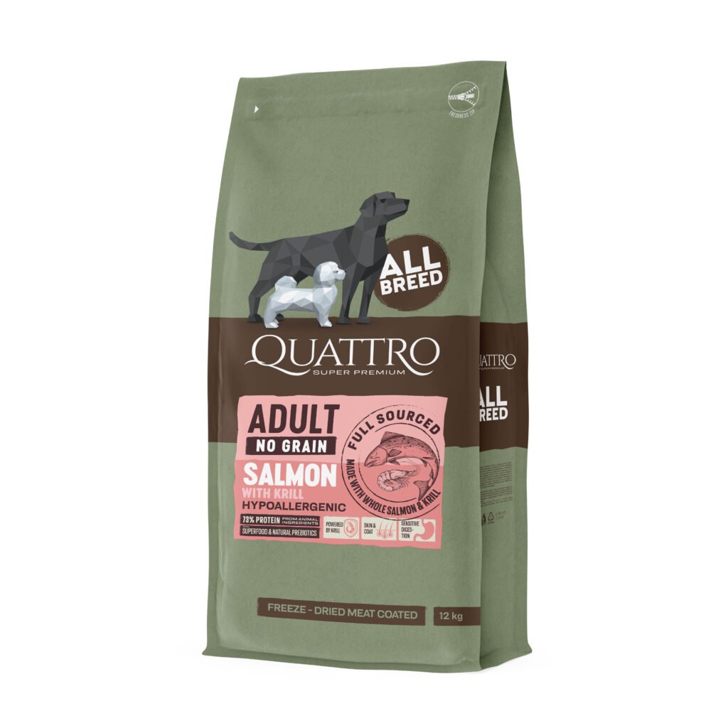 Quattro Adult All Breed Salmon sausā barība suņiem bez graudiem