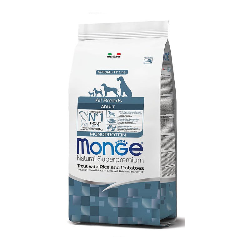 Monge Natural Superpremium All Breeds Adult Forelli Riisi ja Kartuliga kuivtoit koertele 2,5 kg