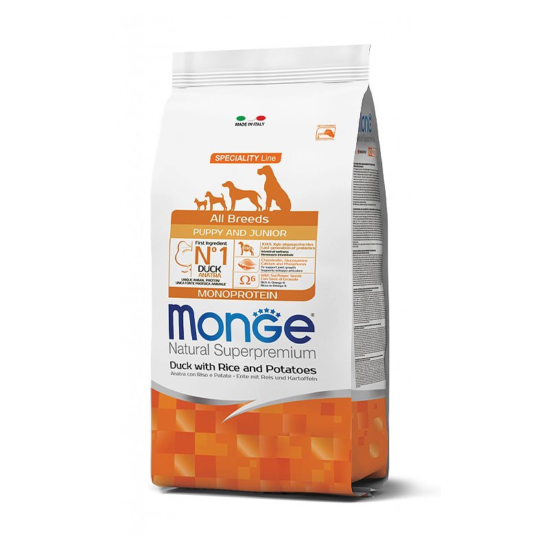 Monge Natural Superpremium All Breeds Puppy & Junior Duck Rice & Potatoes kuivtoit kutsikatele