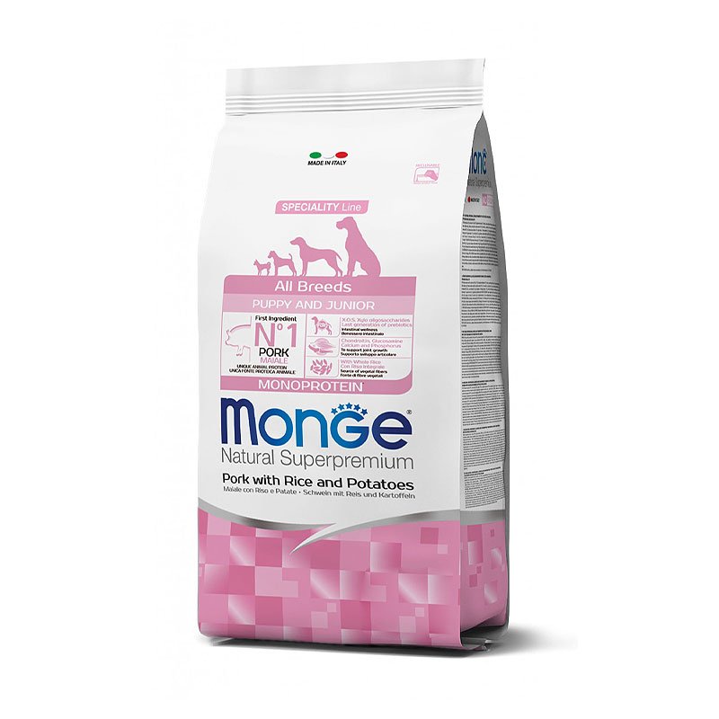 Monge Natural Superpremium All Breeds Puppy & Junior Pork Rice & Potatoes kuivtoit kutsikatele