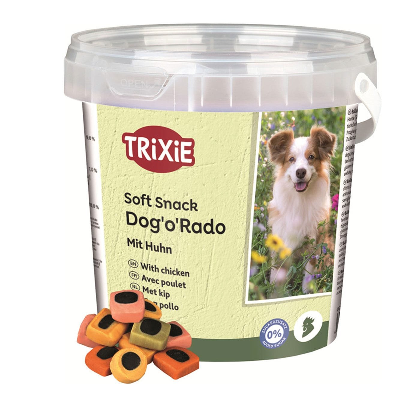 Trixie Dog'o'Rado minkšti kvadračiukai ir apskritimai su vištiena, skanėstai šunims kibirėlyje, 500 g