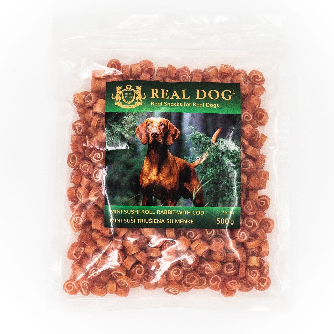 Real Dog skanėstai šunims, mini suši triušiena su menke, 500 g