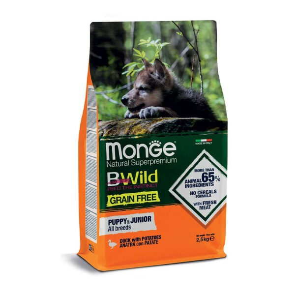 Monge BWild All Breeds Puppy & Junior Duck & Potatoes begrūdis sausas maistas šuniukams 2.5 kg