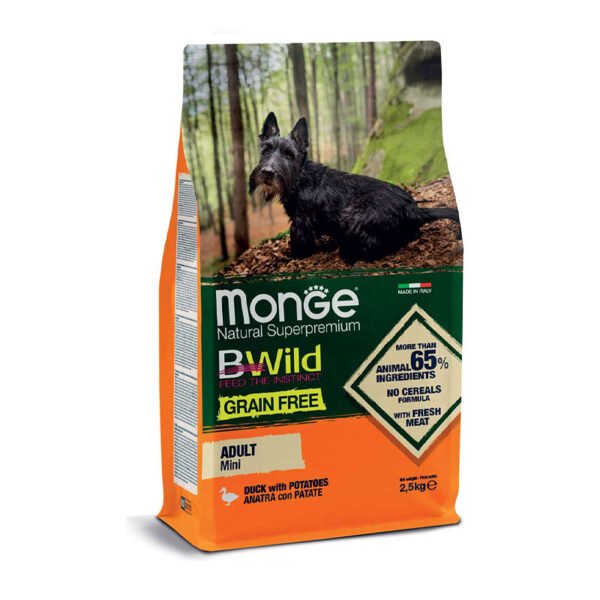 Monge BWild Mini Adult Duck & Potatoes begrūdis sausas maistas šunims 2.5 kg