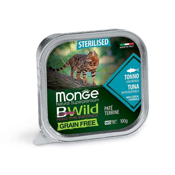 Monge Bwild Adult Sterilised Tuna with Vegetables begrūdis paštetas katėms