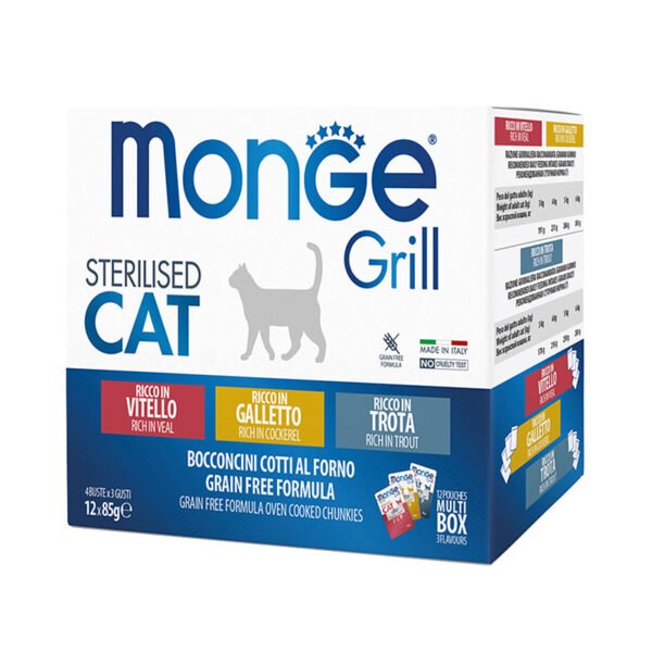 Monge Grill Adult Steriliseeritud Multipack Cockerel, Veiseliha, Forell - komplekt teraviljavaba konserveeritud toitu kassidele marmelaadis