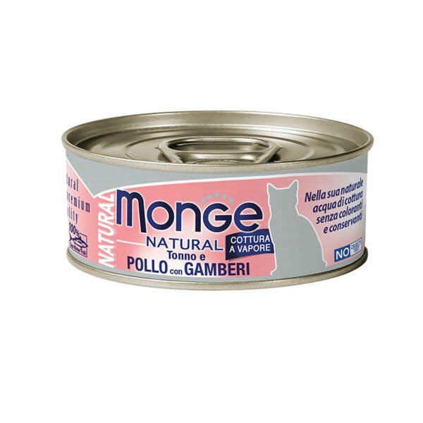 Monge Natural Adult Tuna with Chicken & Shrimp konservai katėms drebučiuose