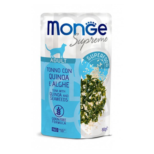 Monge Supreme Adult Tuna with Quinoa and Seaweeds konservai katėms drebučiuose