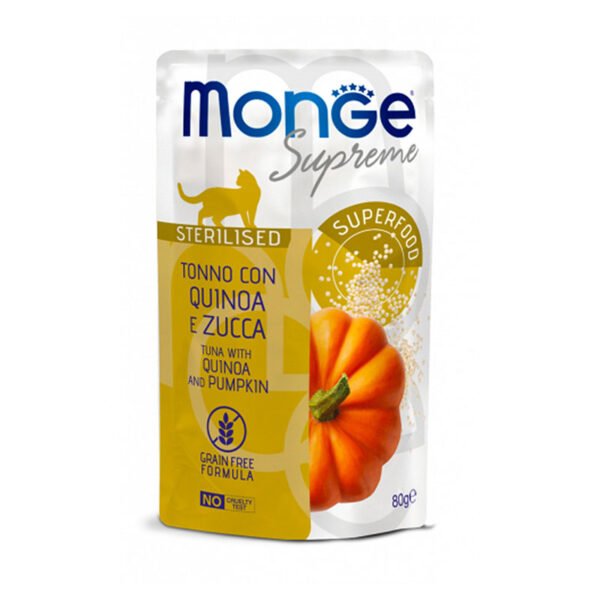 Monge Supreme Adult Sterilised Tuna with Quinoa and Pumpkin konservai katėms drebučiuose