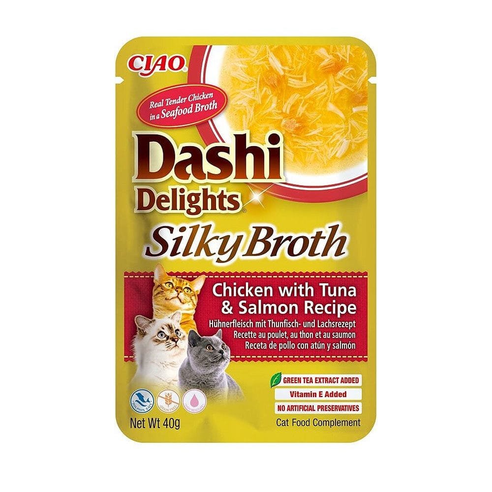 Ciao Dashi Delights katėms, šilkinis vištienos, tuno ir lašišos sultinys