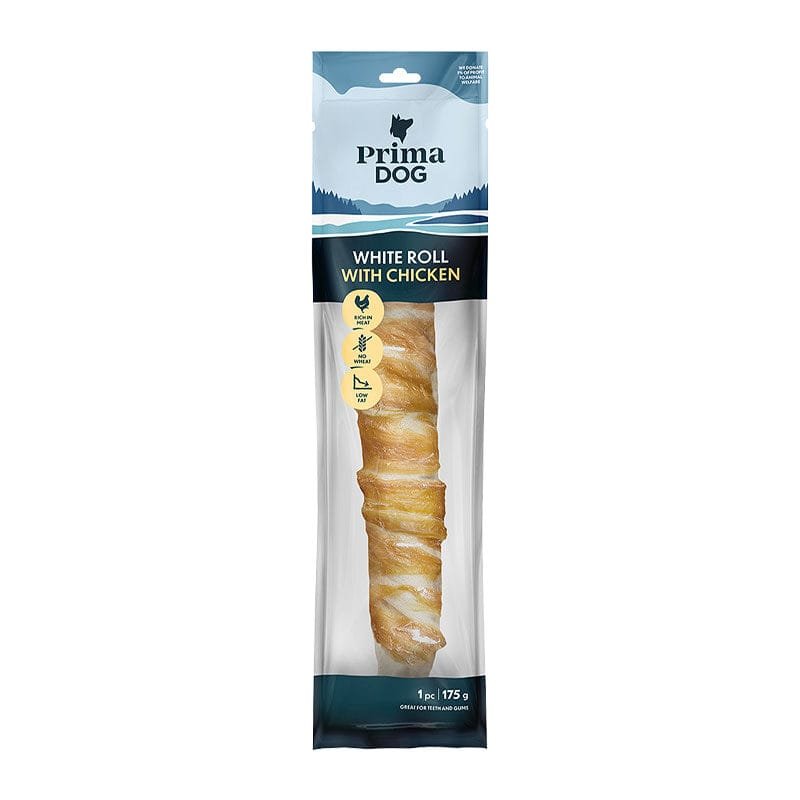 PrimaDog Baltais rullītis ar vistas kauliņu suņiem 1 gab., 175 g