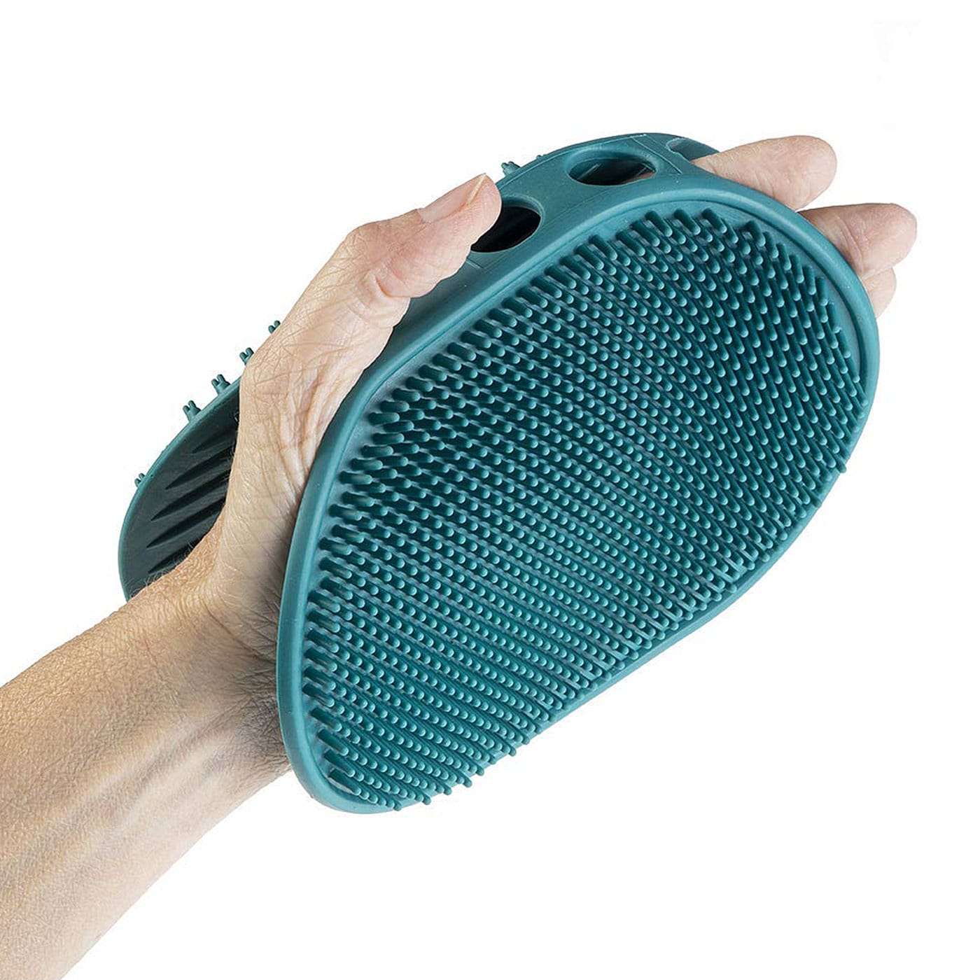 GimDog ovalus dvipusis guminis šepetys šunims, su bukais spygliukais, dedamas ant delno, mėlynas