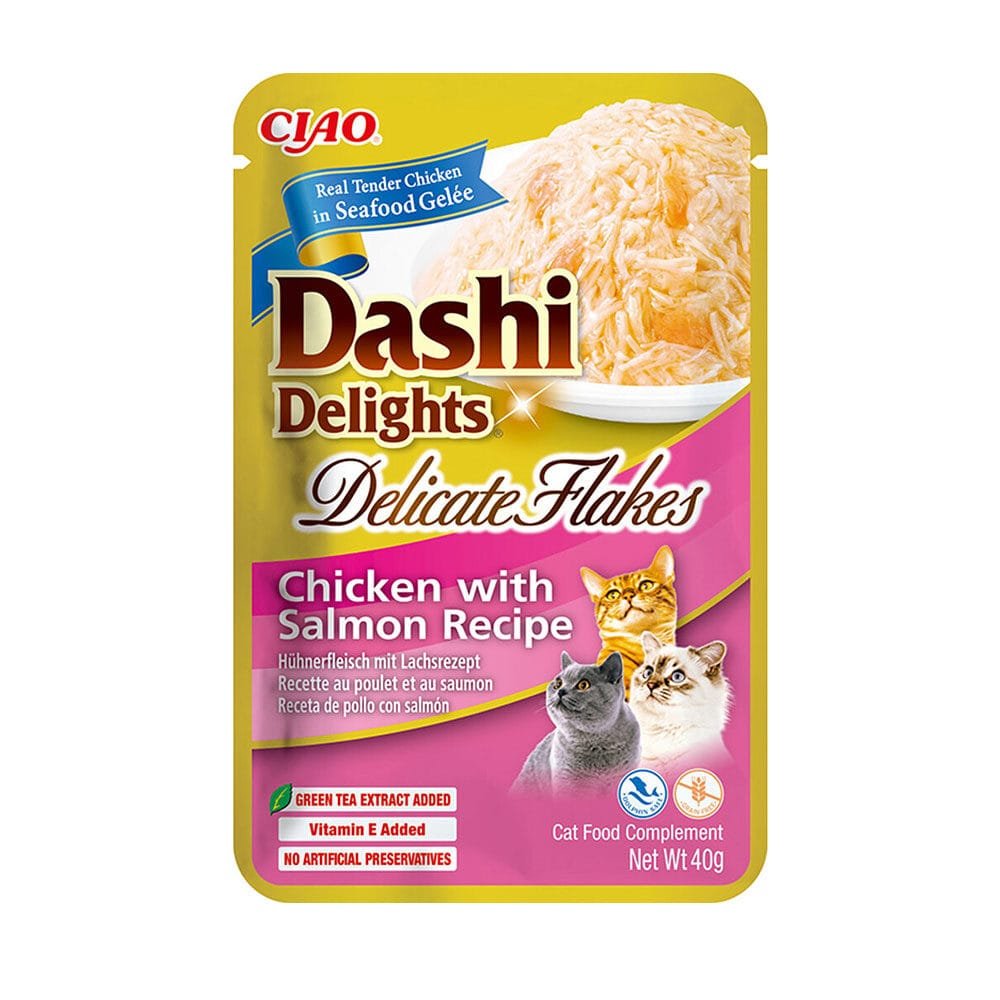 Ciao Dashi Delights katėms, vištienos ir lašišos juostelės sultinyje