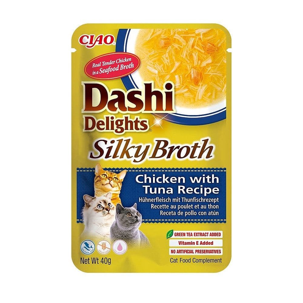 Ciao Dashi Delights katėms, šilkinis vištienos ir tuno sultinys