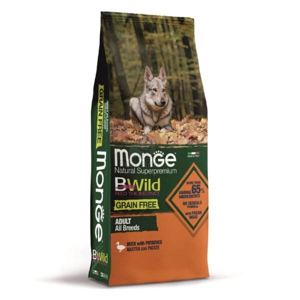 Monge BFB BWild Adult Duck & Potatoes begrūdis sausas maistas šunims 15 kg