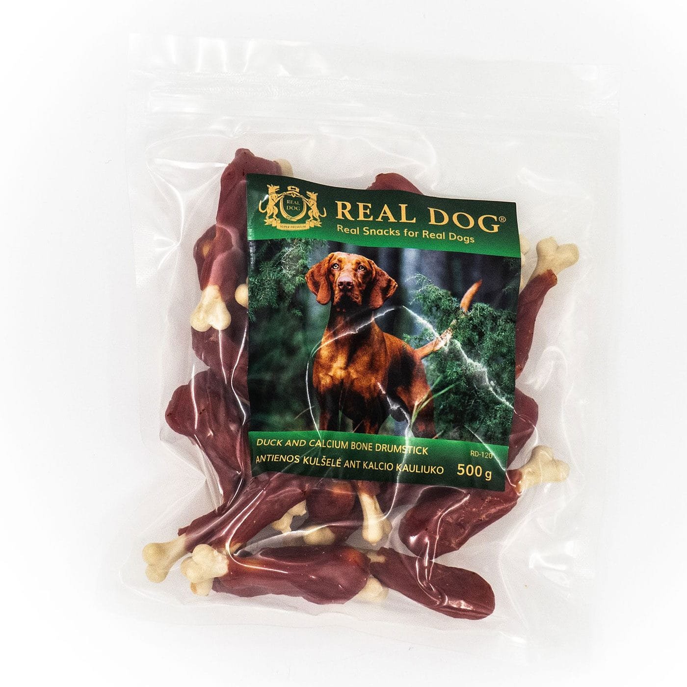 Real Dog skanėstai šunims, antienos kulšelė ant kalcio kauliuko, 500 g