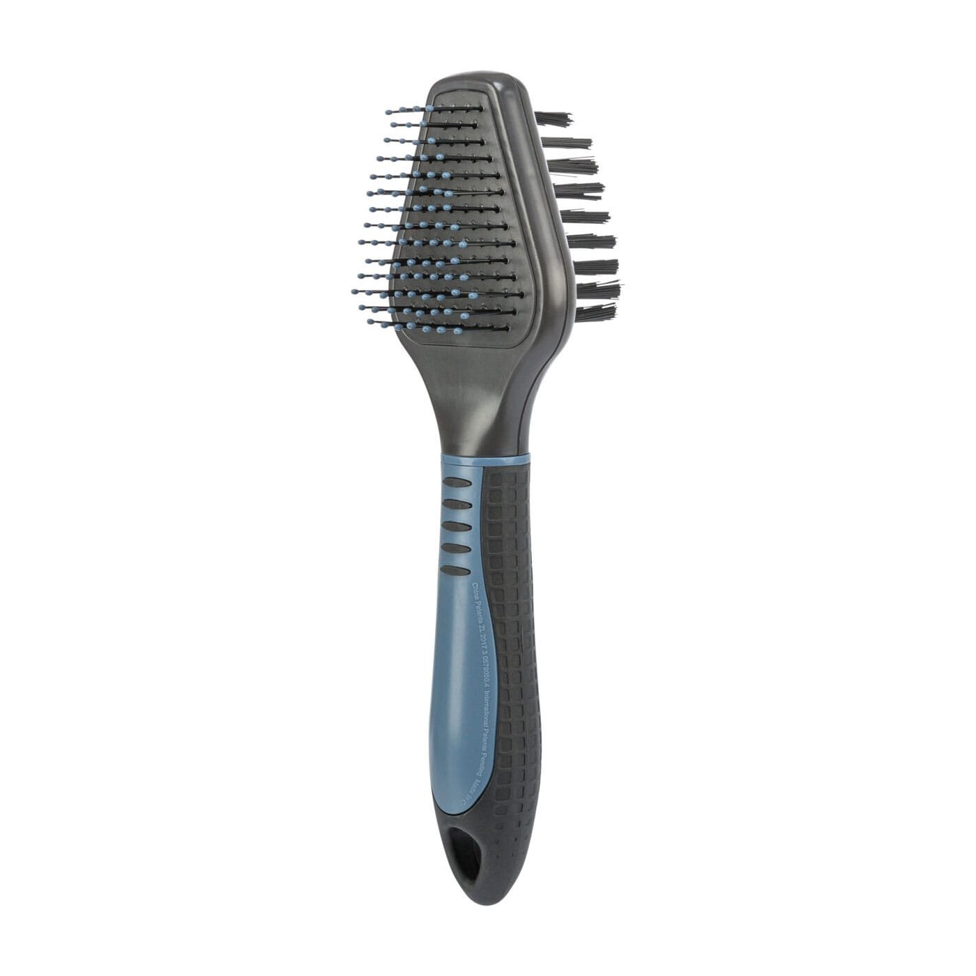 Trixie dvipusis masažinis šepetys, su nailoniniais ir metaliniais dantukais, juodas su mėlynu