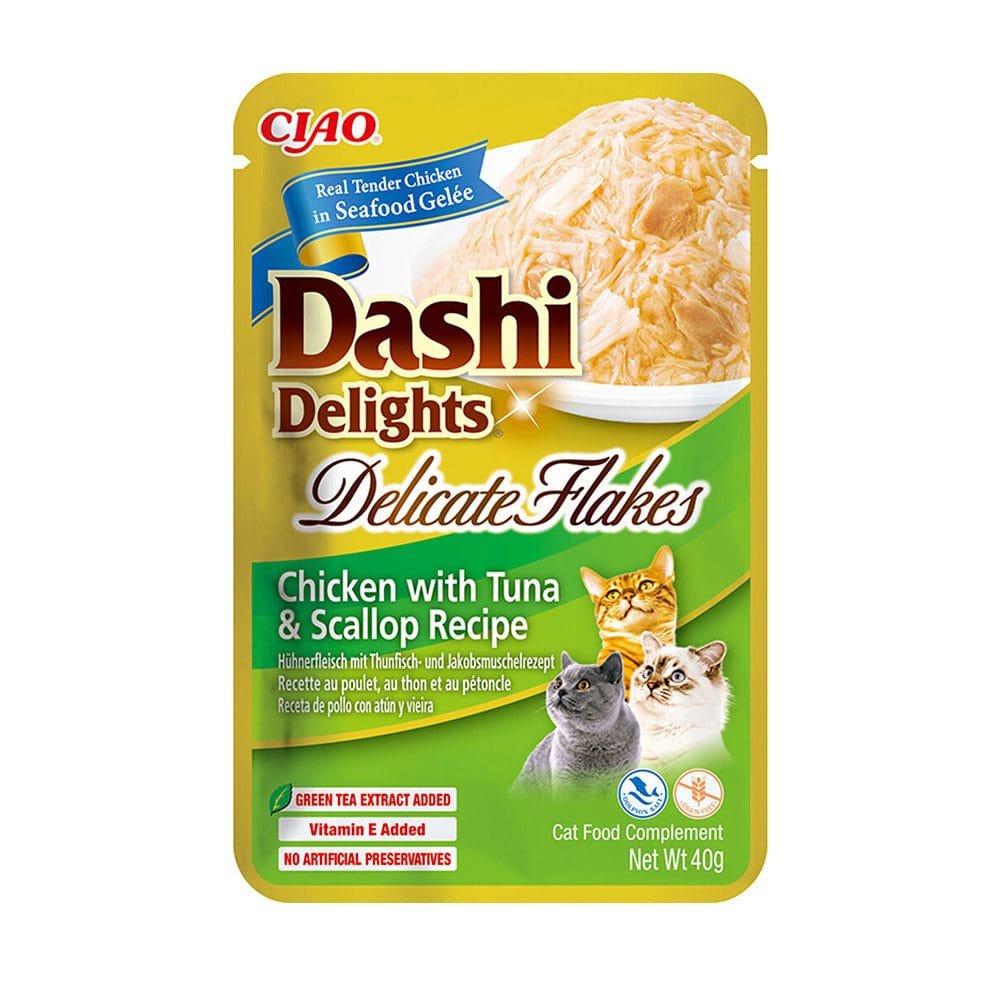 Ciao Dashi Delights katėms, vištienos, tuno ir šukučių juostelės sultinyje