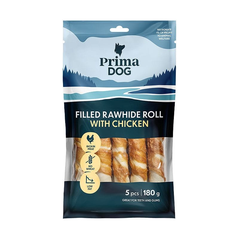 PrimaDog pildīts jēlādas rullītis ar vistas kauliem suņiem 5 gab., 180 g