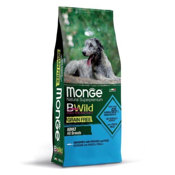 Monge BFB BWild Adult Anchovies, Potatoes & Peas begrūdis sausas maistas šunims 15 kg