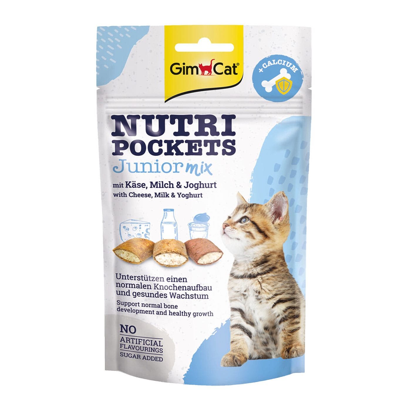 GimCat Nutri Pockets Junior Mix traškūs skanėstai kačiukams su įdaru, palaiko normalų kaulų vystymąsi ir sveiką augimą, 60 g