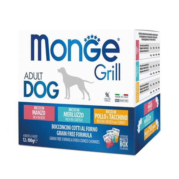 Monge Grill Adult Chunkies Multipack Chicken & Turkey, Beef, Codfish paštetų rinkinys šunims