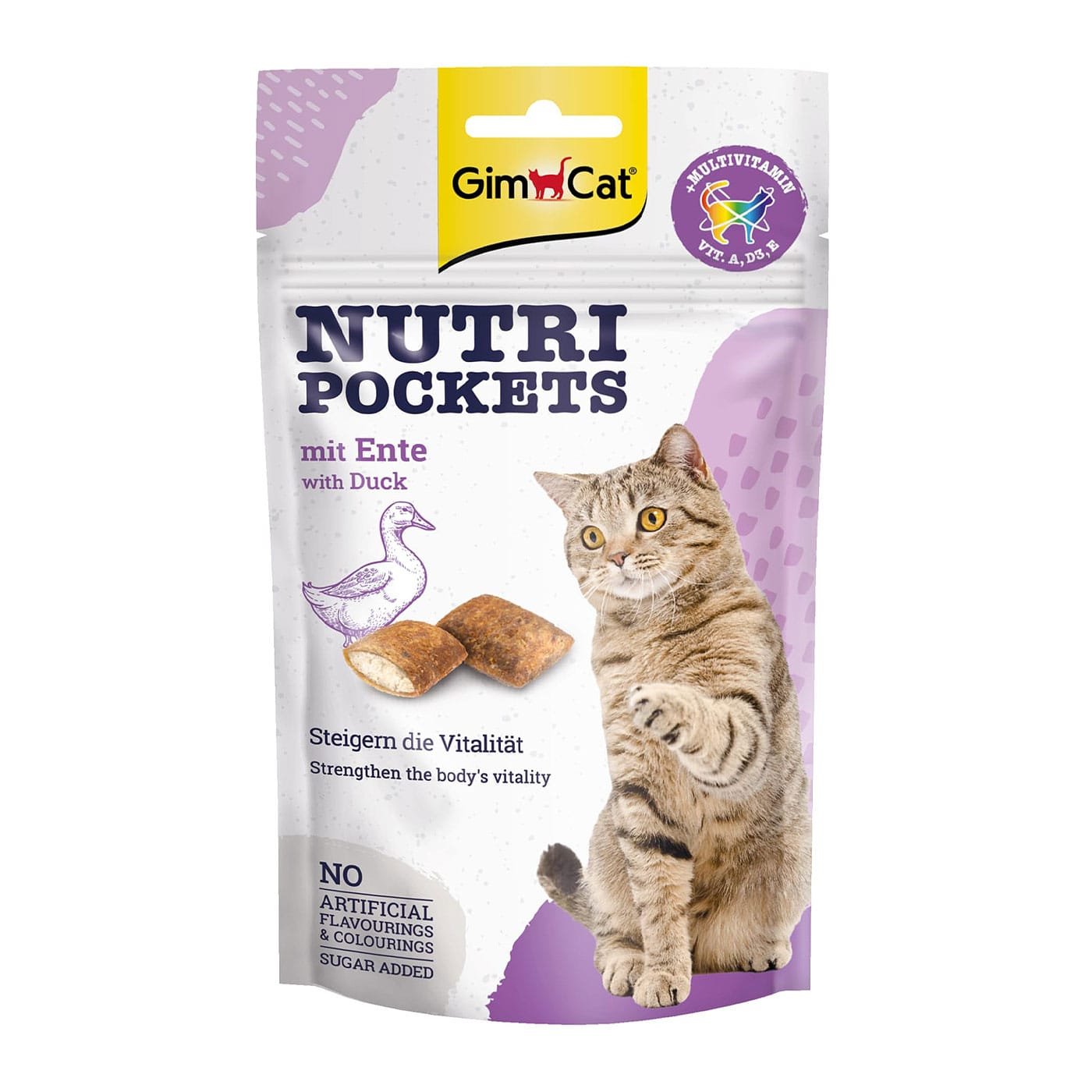 GimCat Nutri Pockets Duck & Multivitamin traškūs skanėstai katėms su įdaru, aktyvina organizmo apsaugą ir palaiko gyvybingumą, 60 g
