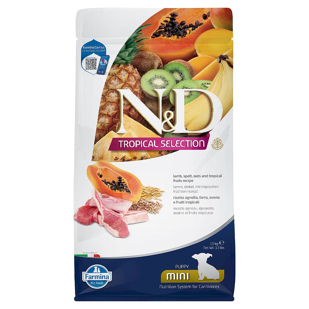 Farmina N&D Tropical Selection Mini Puppy Lamb, Spelt, Oats & Tropical Fruits sausas maistas šuniukams