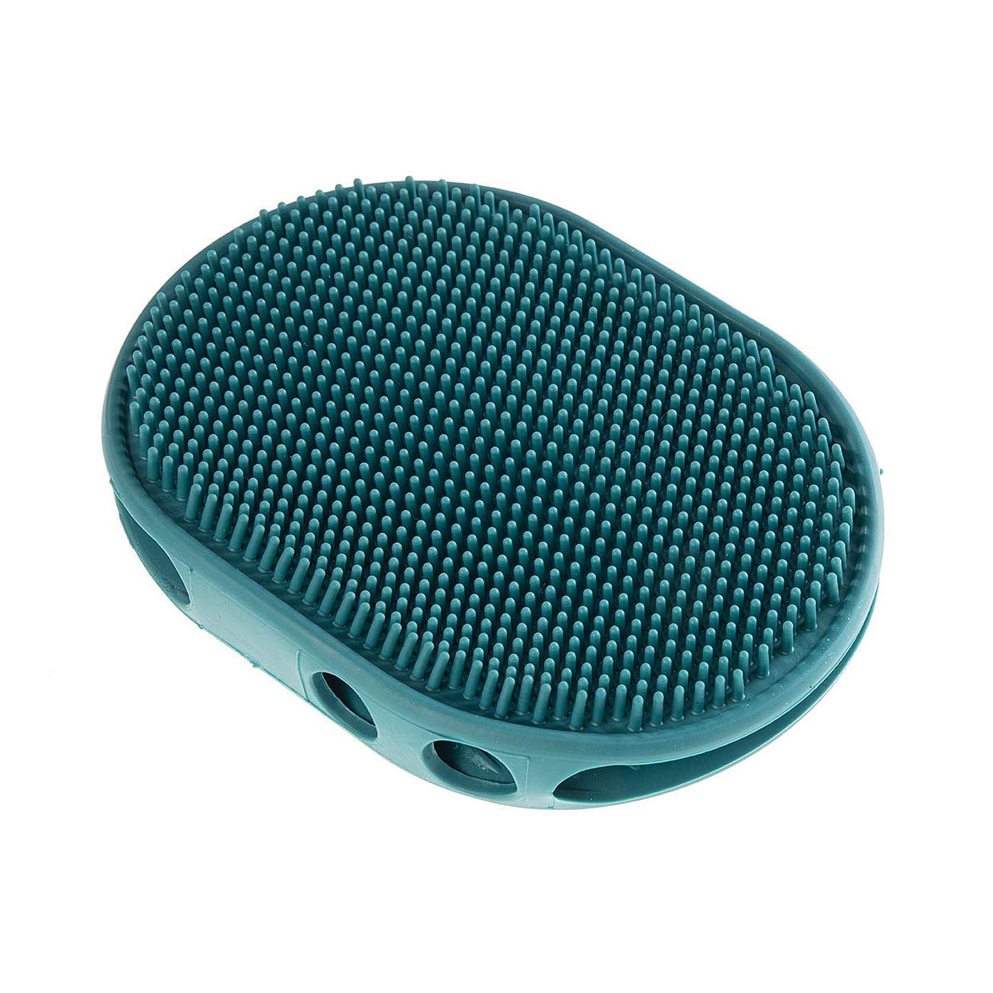 GimDog ovalus dvipusis guminis šepetys šunims, su bukais spygliukais, dedamas ant delno, mėlynas