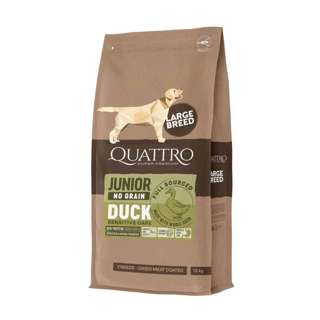 Quattro Junior Large Breed Duck sausā barība suņiem bez graudiem