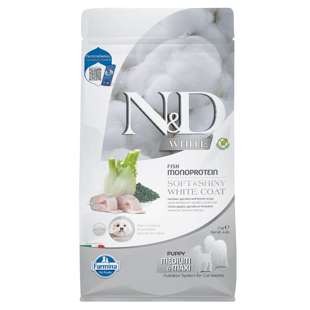 Farmina N&D White Monoprotein Medium Maxi Puppy Sea Bass, Spirulina & Fennel sausas maistas šunims