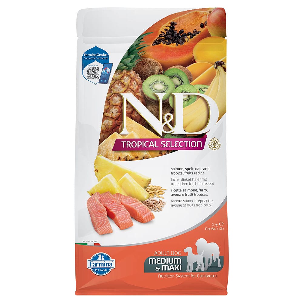 Farmina N&D Tropical Selection Medium Maxi Adult Salmon, Spelt, Oats & Tropical Fruits sausas maistas šunims
