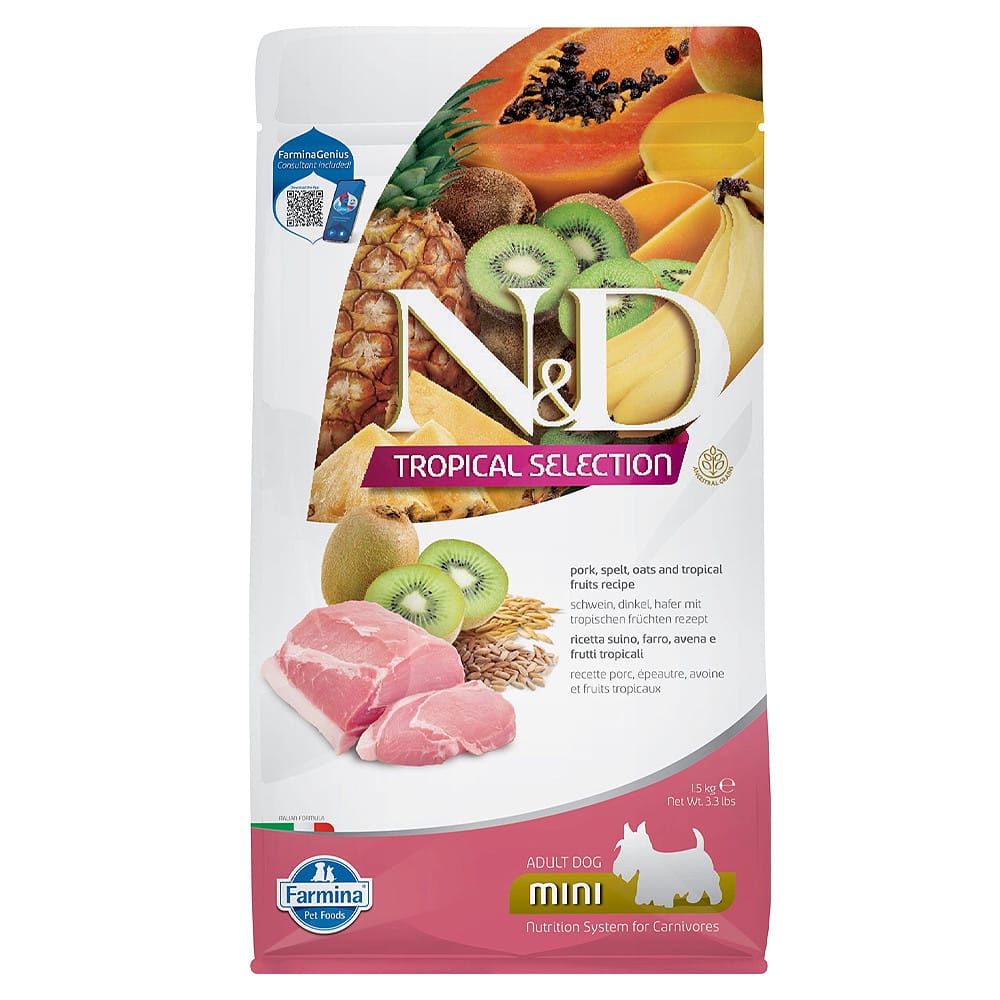 Farmina N&D Tropical Selection Mini Adult Pork, Spelt, Oats & Tropical Fruits sausas maistas šunims