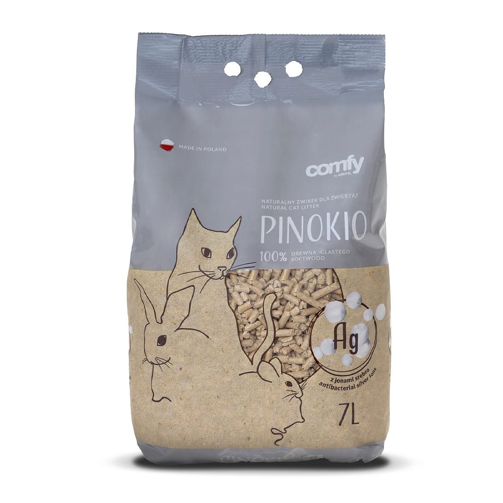 Comfy Pinokio Silver natūralus medžio granulių kraikas katėms, graužikams ir paukščiams, su sidabro jonais, 7L