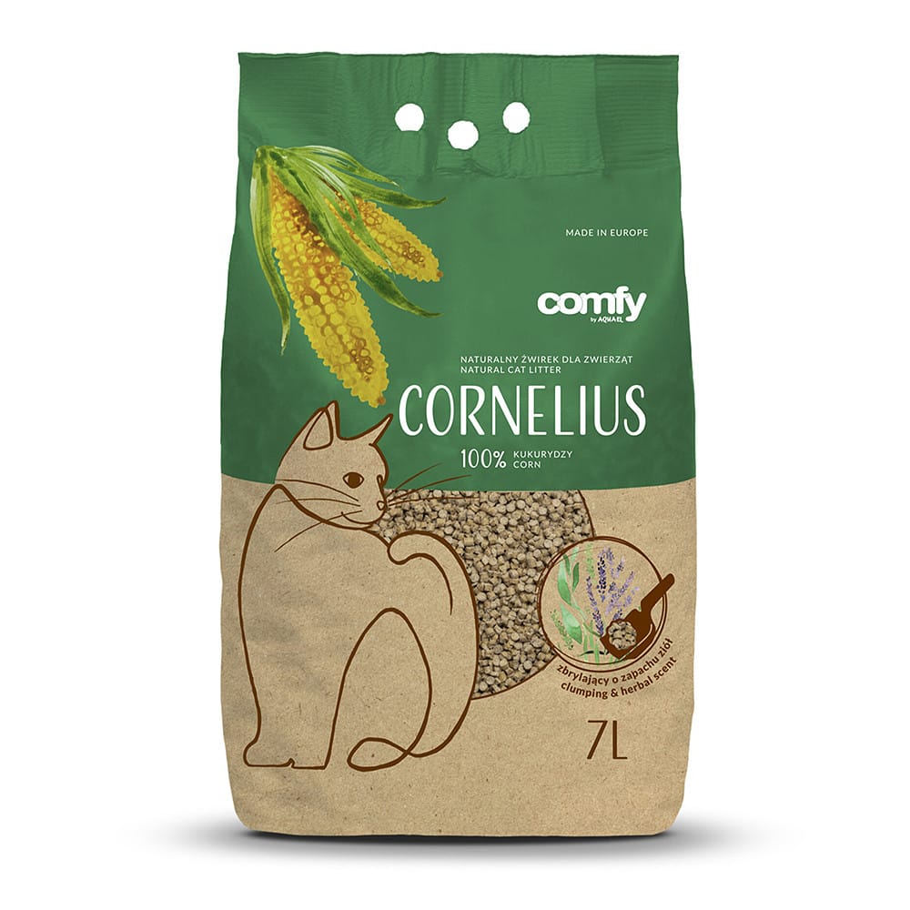 Comfy Cornelius Herbal kukurūzų granulių kraikas katėms, su žolelių aromatu, 7L