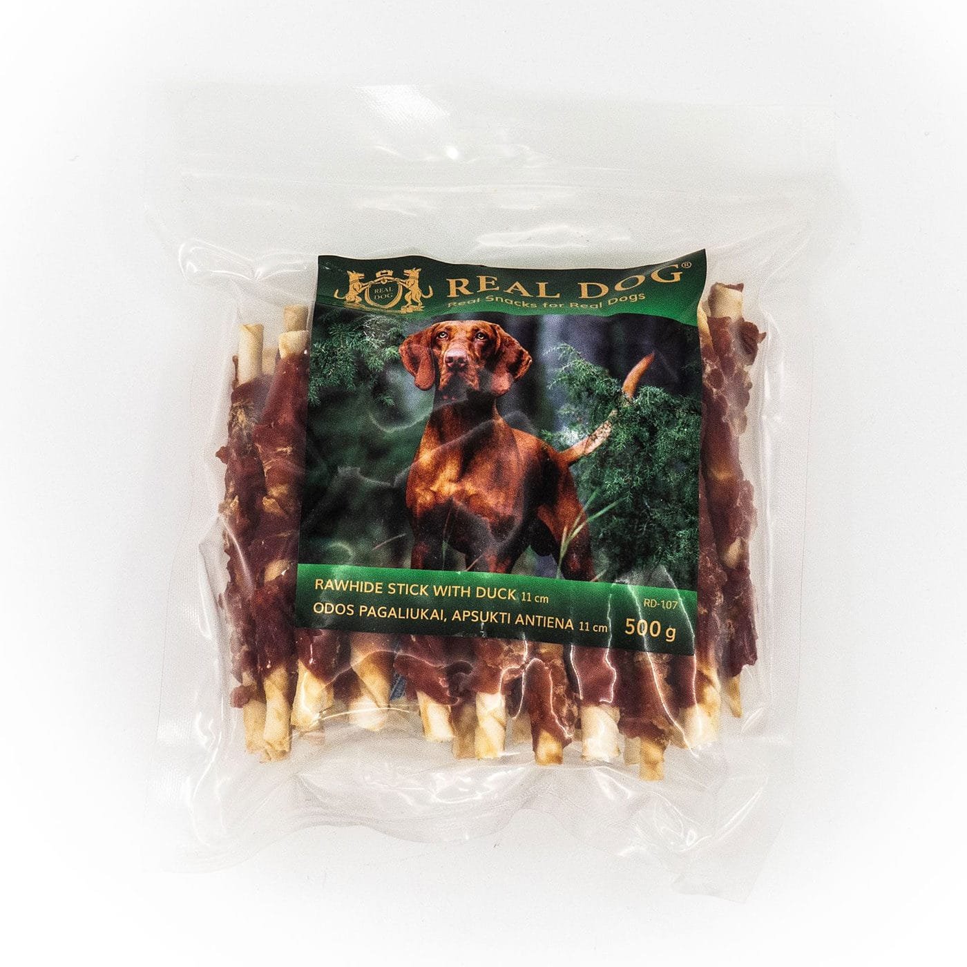 Real Dog skanėstai šunims, odos pagaliukai apsukti antiena, 500 g