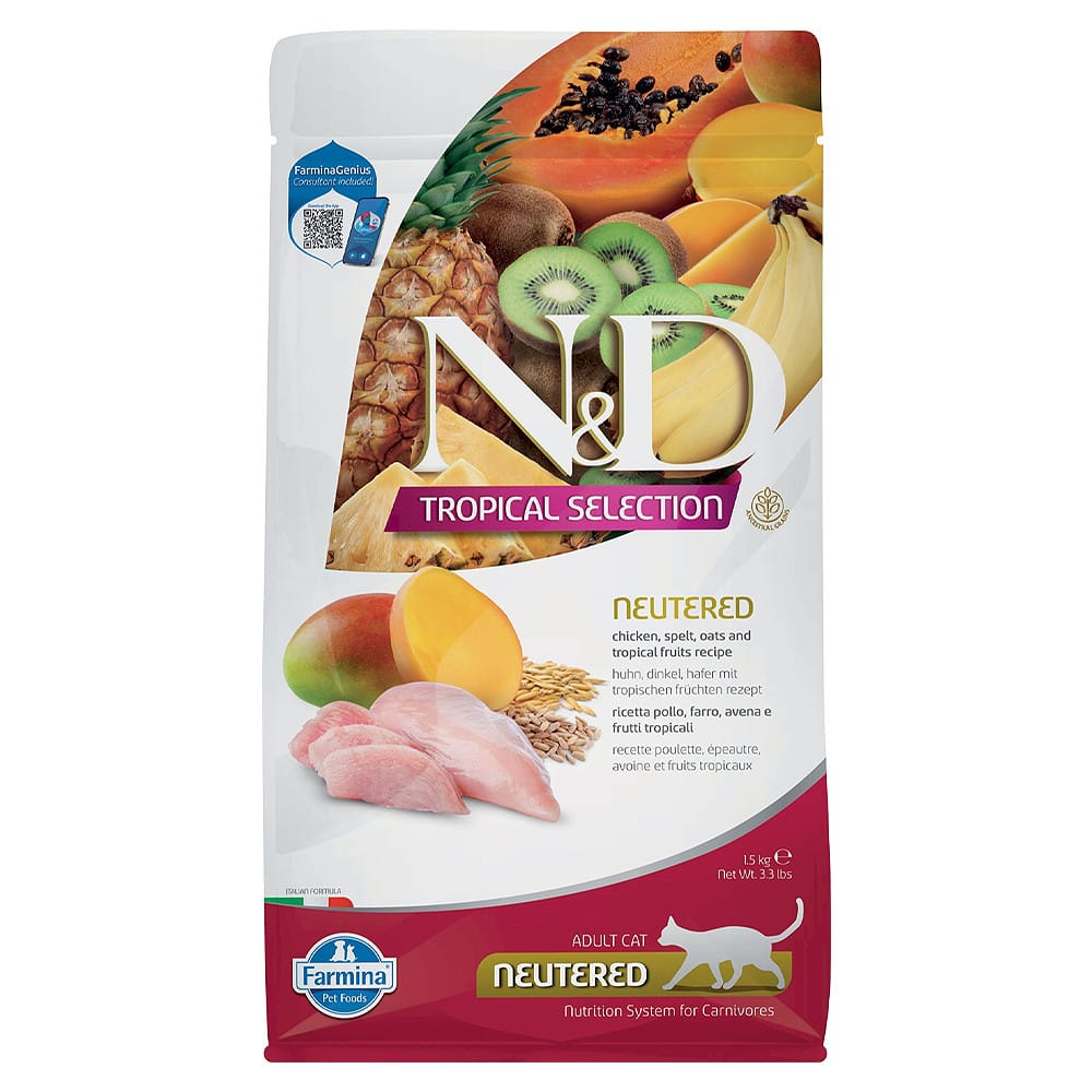 Farmina N&D Tropical Selection Adult Neutered Chicken, Spelt, Oats & Tropical fruits sausas maistas katėms