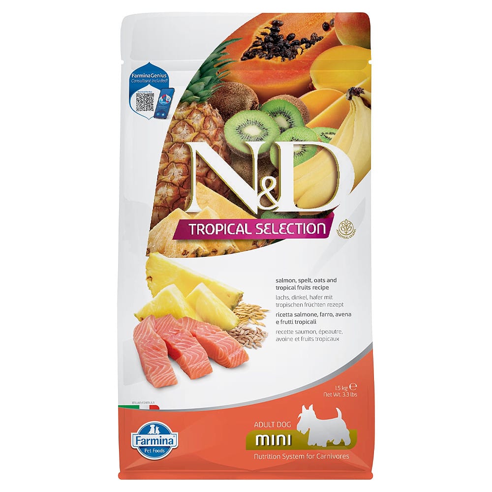 Farmina N&D Tropical Selection Mini Adult Salmon, Spelt, Oats & Tropical Fruits sausas maistas šunims