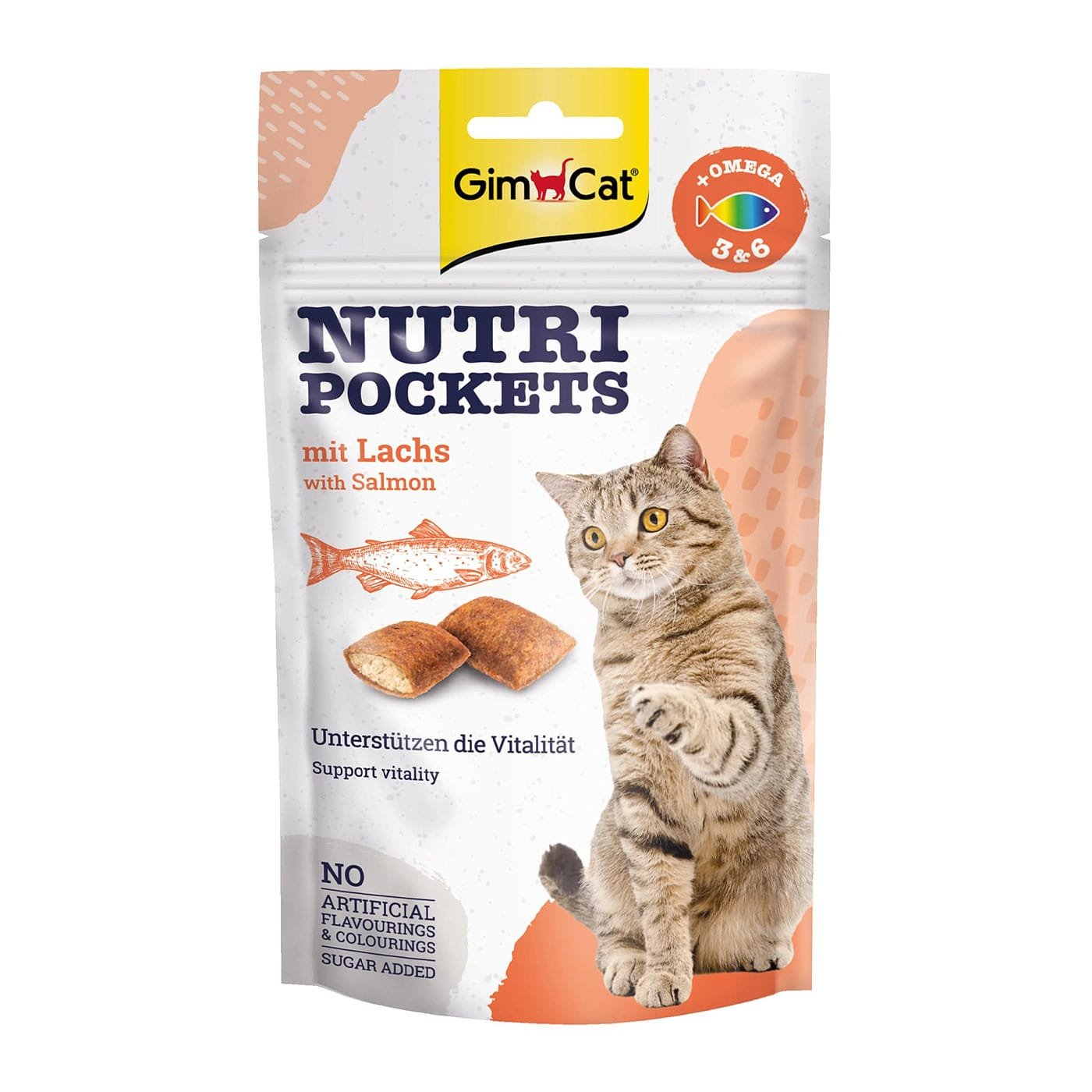 GimCat Nutri Pockets Salmon & Omega traškūs skanėstai katėms su įdaru, gerina savijautą ir palaiko gyvybingumą, 60 g