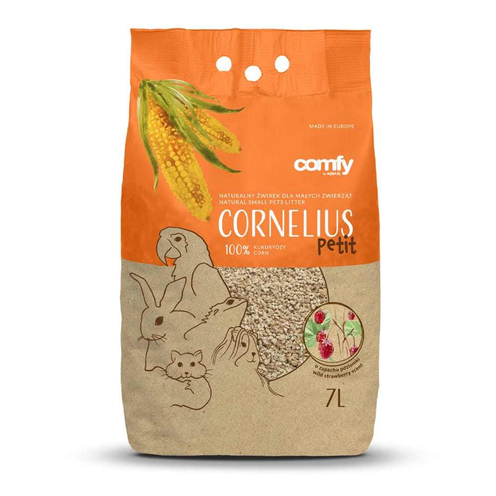 Comfy Cornelius Petit kukurūzų granulių kraikas graužikams ir paukščiams, su laukinių braškių aromatu, 7L