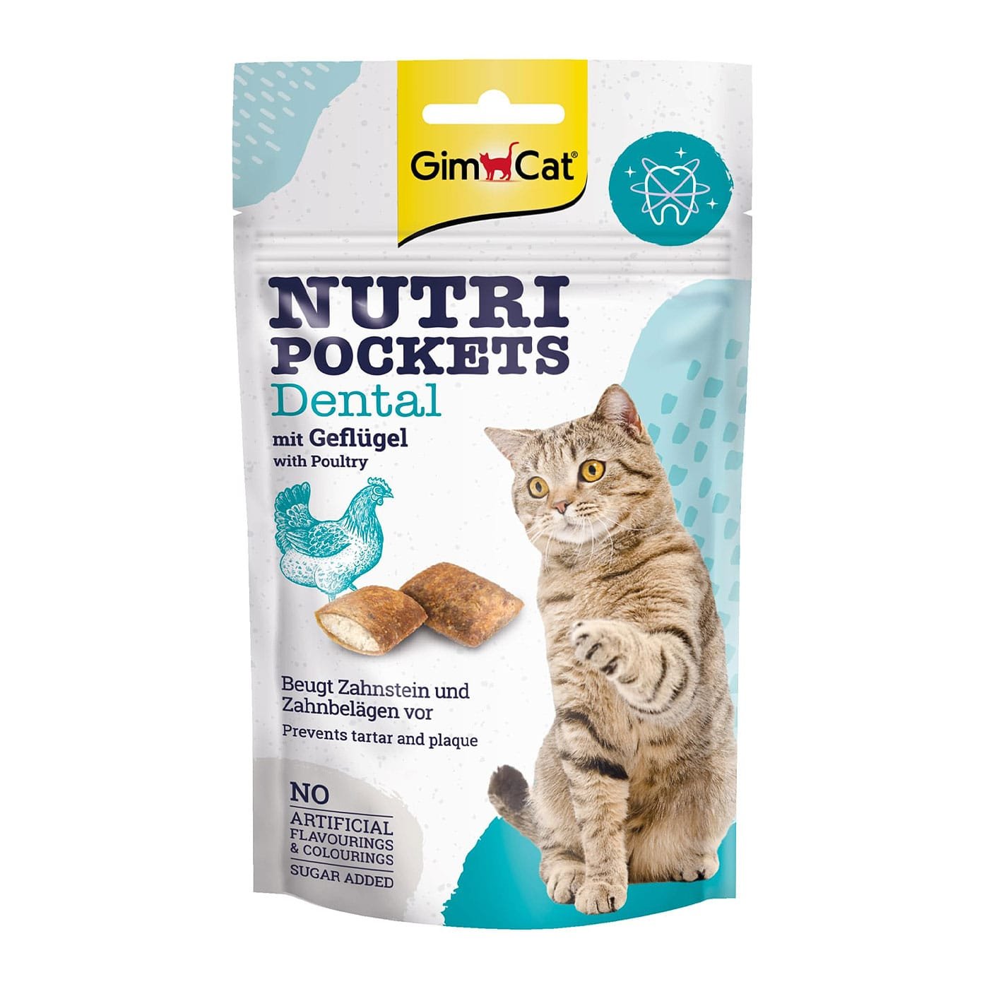 GimCat Nutri Pockets Dental & Poultry traškūs skanėstai katėms su įdaru, mažina dantų akmenų ir apnašų formavimąsi, 60 g