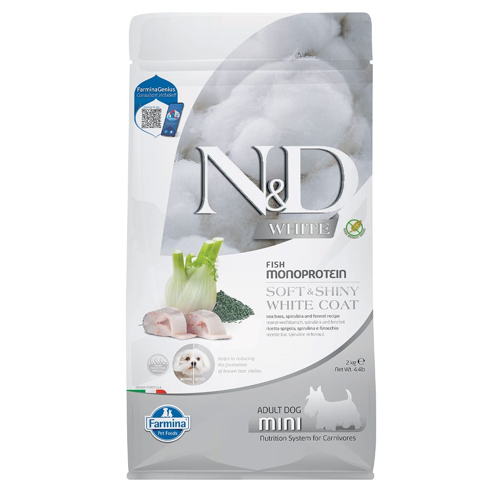 Farmina N&D White Mini Adult Sea Bass, Spirulina & Fennel sausas maistas šunims