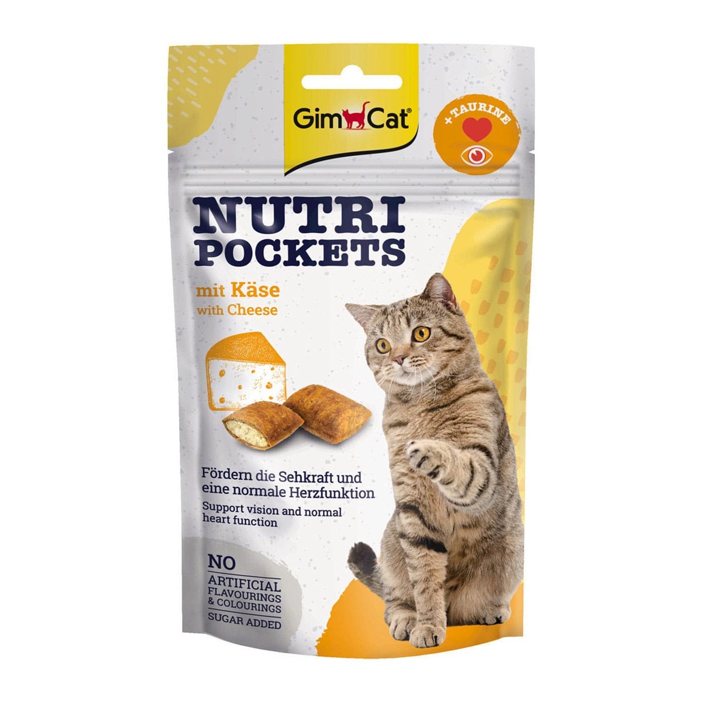 GimCat Nutri Pockets Cheese & Taurine traškūs skanėstai katėms su įdaru, palaiko regėjimą ir normalią širdies funkciją, 60 g