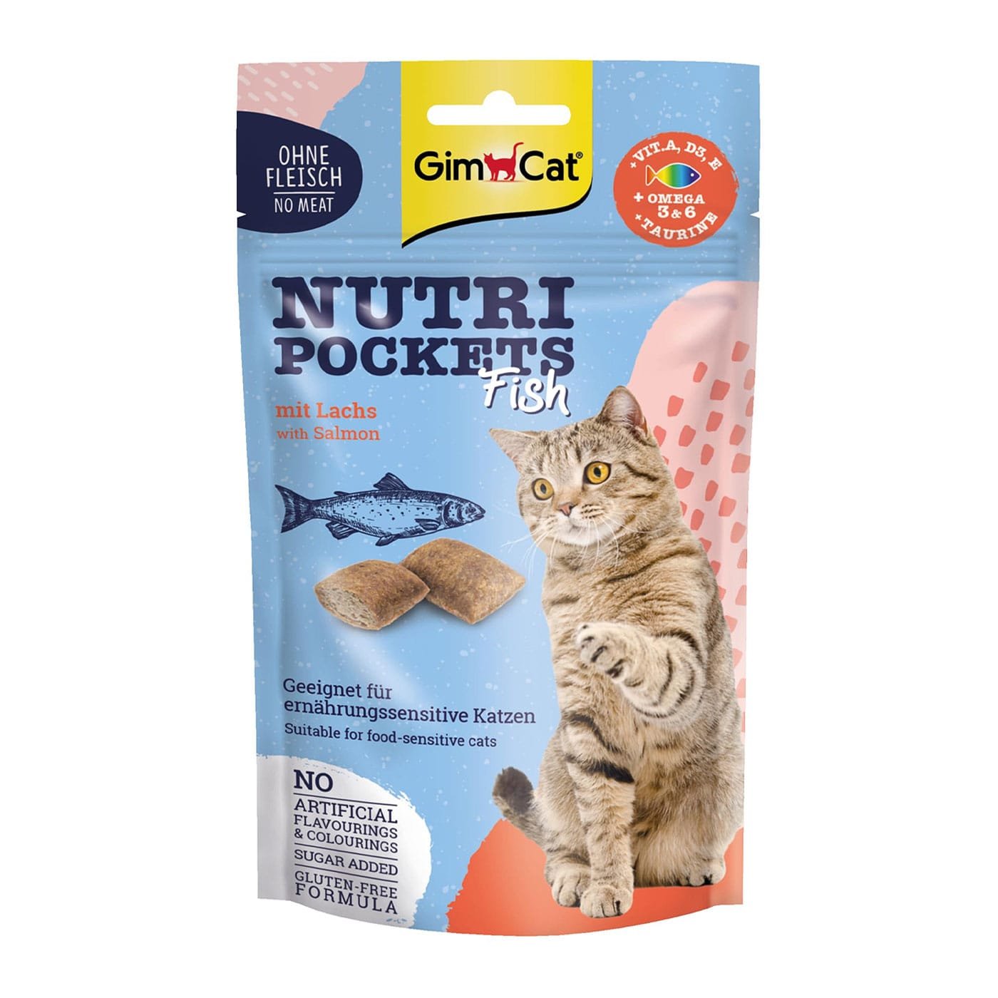 GimCat Nutri Pockets Salmon & Vitamins traškūs skanėstai katėms su įdaru, su vieno baltymo sudėtimi, 60 g